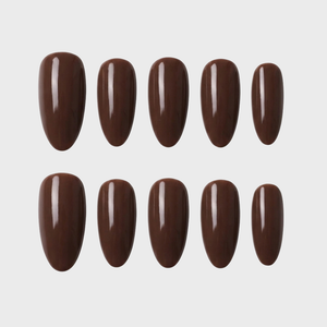 A set of ten espresso brown press-on nails with a glossy finish arranged on a white background.
