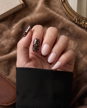 Brown and blush pink press-on nails with white polka dots and brown French tips