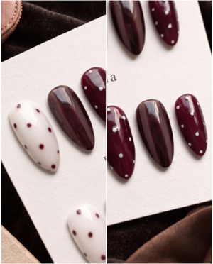 Burgundy and cream glossy polka dot almond press-on nails