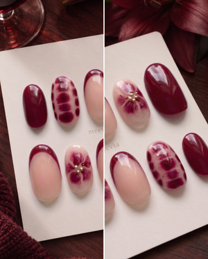 Burgundy and nude pink floral chrome press-on nails with gold embellishments
