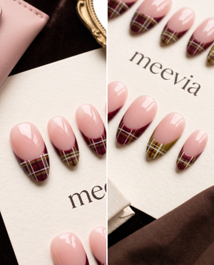 Burgundy plaid French tip press-on nails with glossy pink bases and white line details
