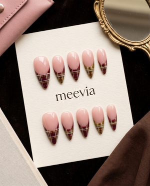 Burgundy plaid French tip press-on nails with glossy pink bases and white line details