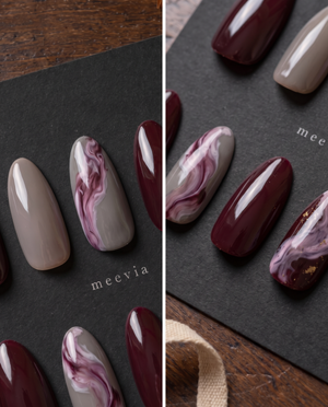 Burgundy and taupe glossy marble press-on nails with mauve swirls and gold flecks