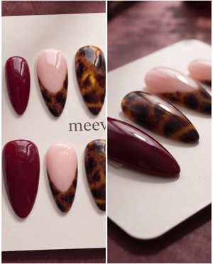Burgundy and tortoiseshell French tip press-on nails with glossy finish