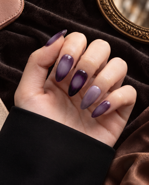 Glossy deep purple and lavender ombre almond press-on nails