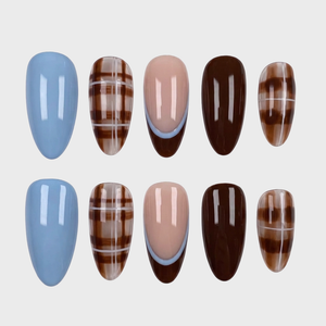 A set of press-on nails featuring solid light blue, solid chocolate brown, brown plaid patterns, and nude nails with light blue French tips.