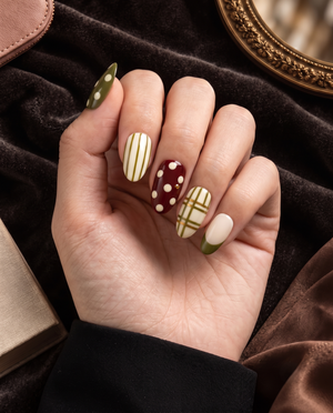 Olive green and burgundy plaid and polka dot press-on nails with glossy finish