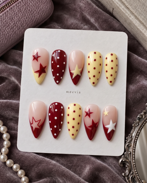 Red, yellow, and soft pink star and polka dot press-on nails