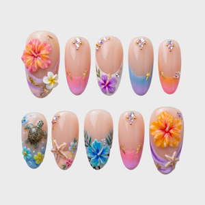 Tropical sea life press-on nails featuring 3D hibiscus flowers, sea turtles, starfish, and French tips with rhinestones.