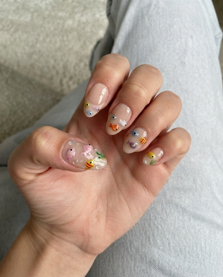 A set of nude French tip press-on nails decorated with 3D colorful fish, green seaweed, and clear water bubbles.