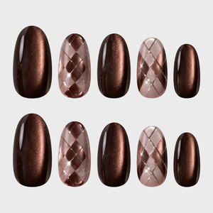 Brown cat eye press-on nails featuring an argyle pattern with glitter accents.