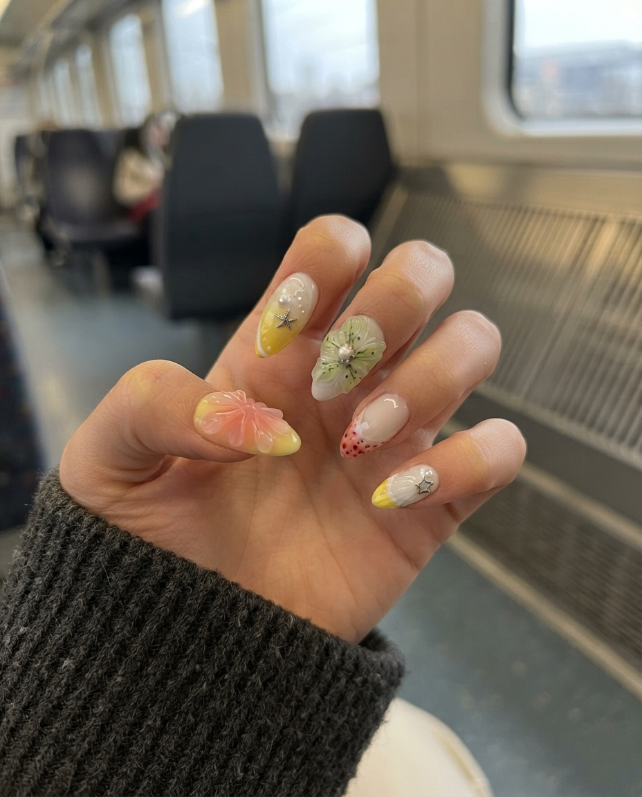 Pastel press-on nails featuring 3D flowers, starfish charms, ocean shells, and pearls.