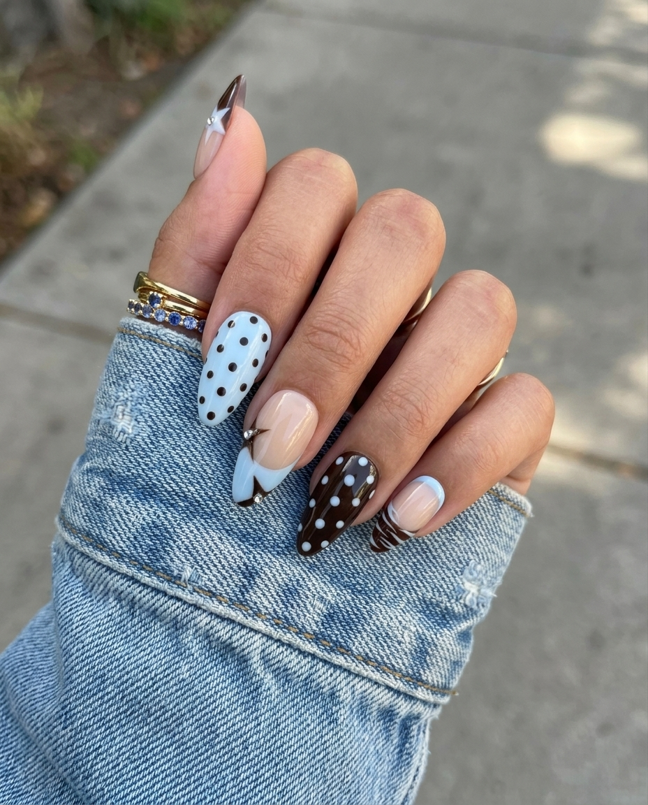 Glossy brown and light blue press-on nails with star motifs, polka dots, and rhinestone accents.