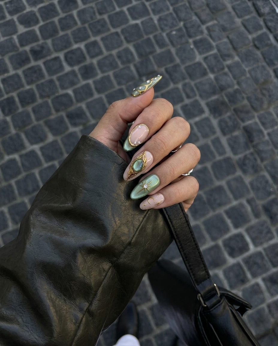 Sage green and pink press-on nails featuring gold celestial stars, crescent moons, butterfly wings, and rhinestone accents.