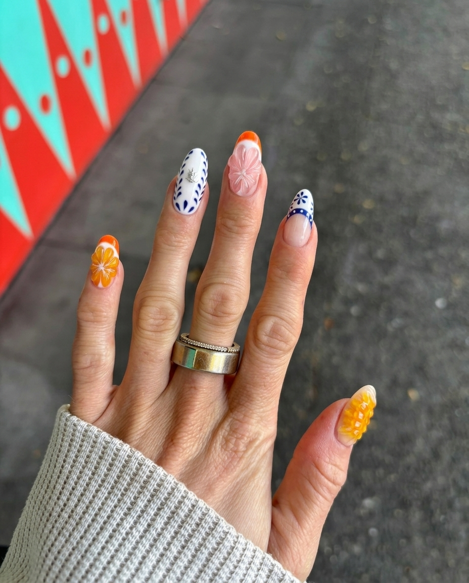 A set of press-on nails featuring 3D orange and pink fruit slices, blue floral patterns on white, and French tips.