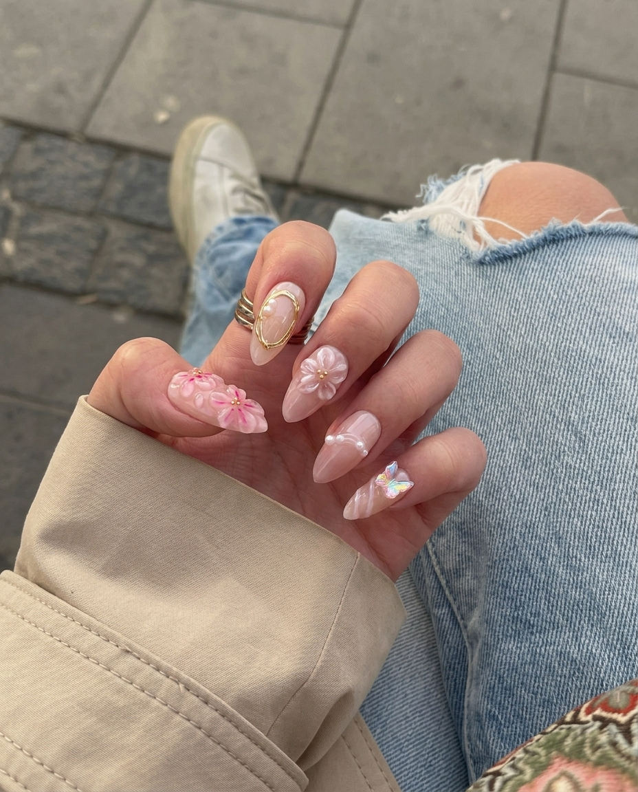 A set of pink press-on nails featuring 3D floral designs, iridescent butterfly charms, and gold wire accents.