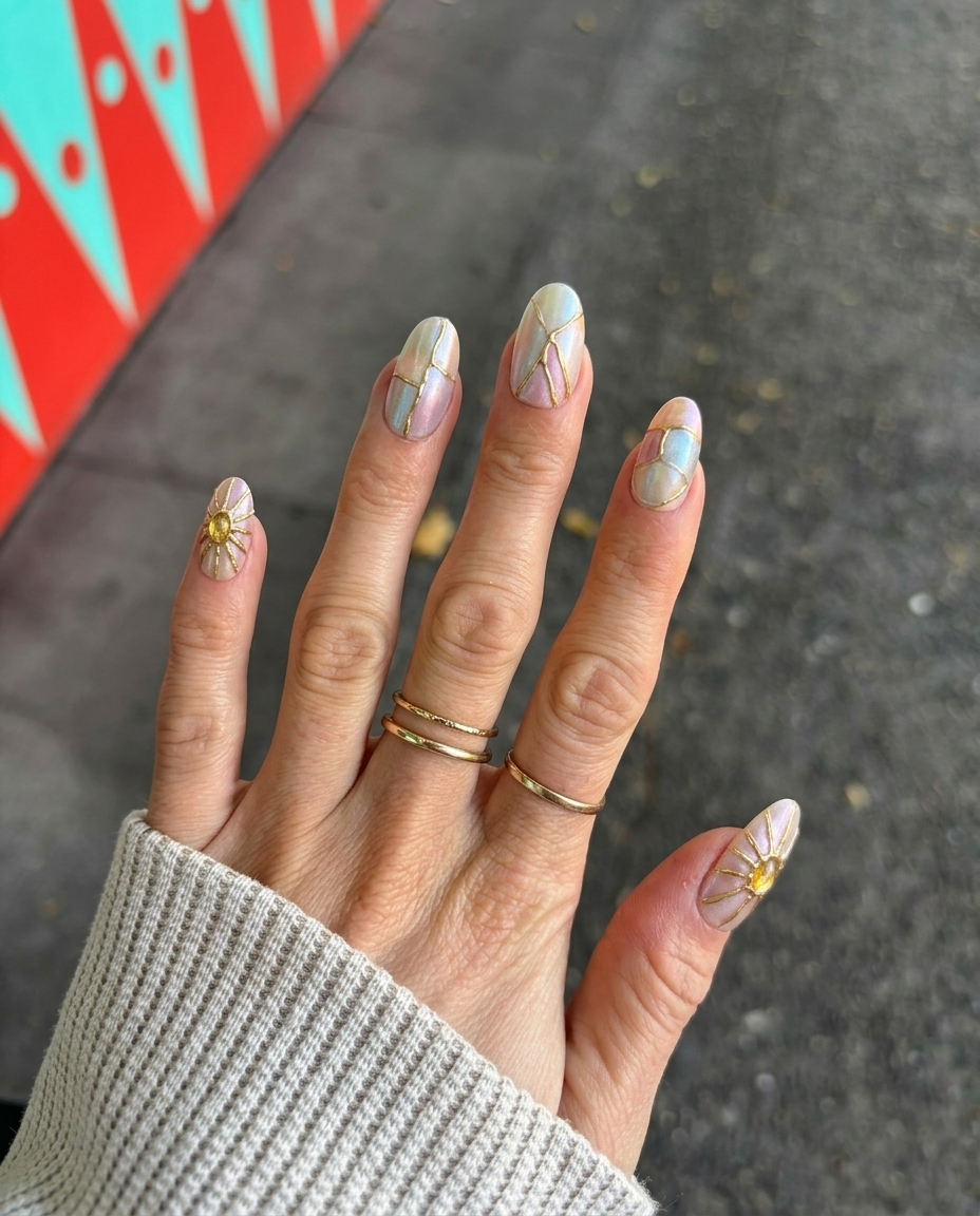 A set of iridescent press-on nails with gold kintsugi cracks and sunburst gemstone accents.