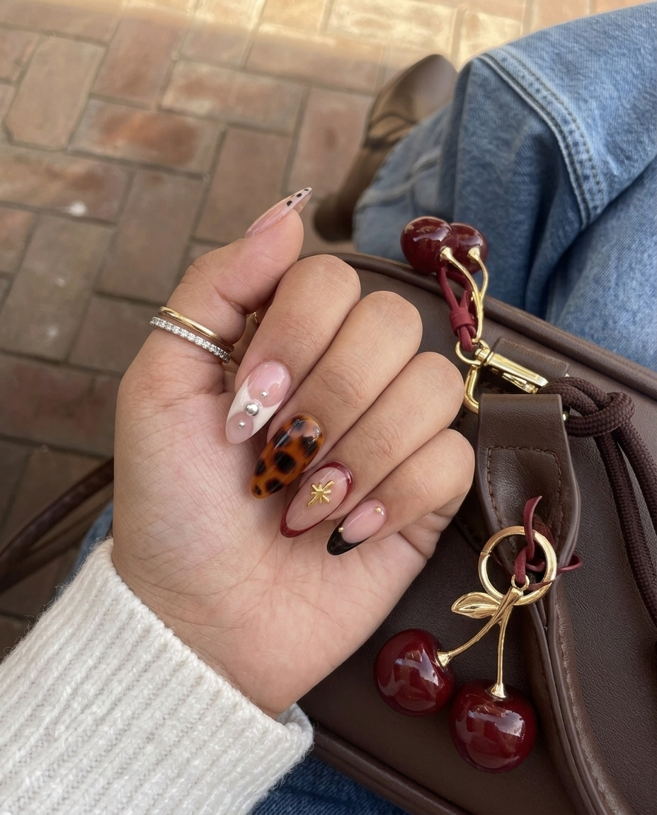 Tortoiseshell French tip press-on nails with gold star charms and silver studs.