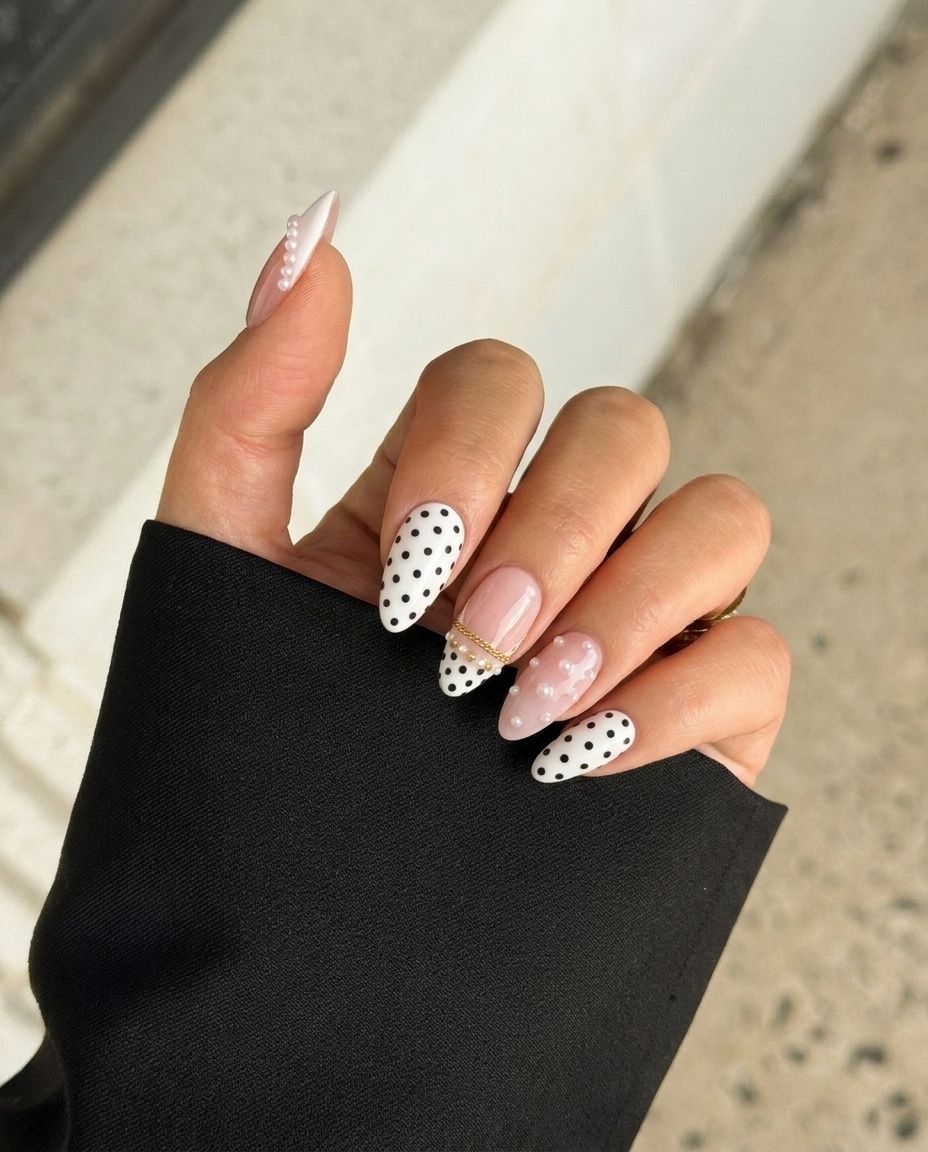A set of Meevia Nails press-on nails featuring a mix of glossy pink bases, black polka dots on white, white pearl embellishments, and gold chain details.