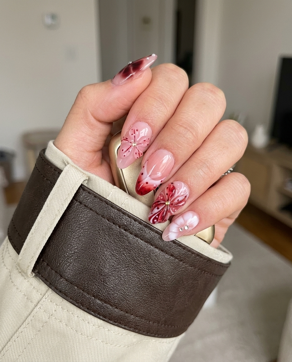 Set of press-on nails featuring red 3D floral designs, nautical charms, and rhinestone accents on a soft pink base.