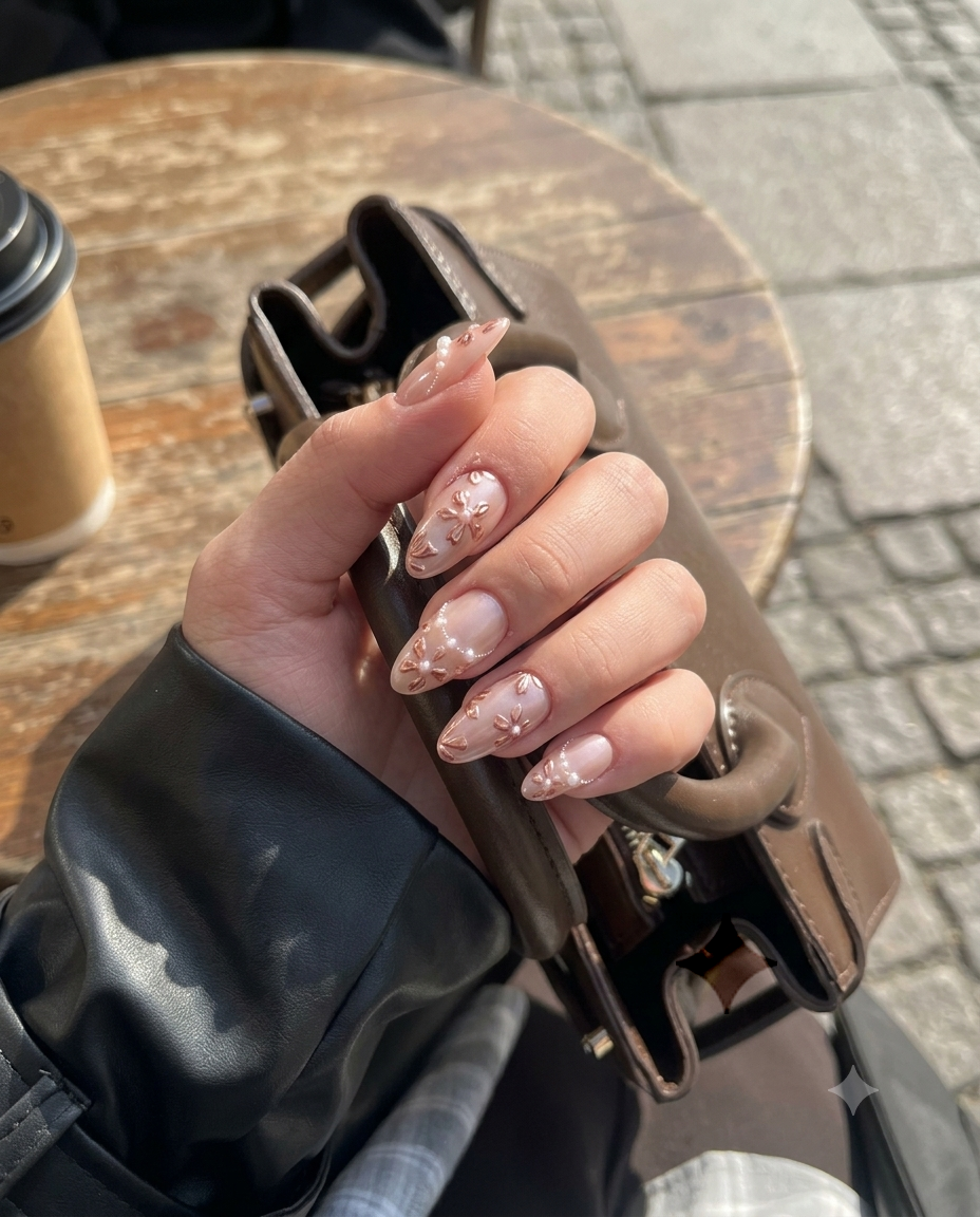 Rose gold press-on nails with 3D metallic floral details, pearl accents, and a shimmery finish.