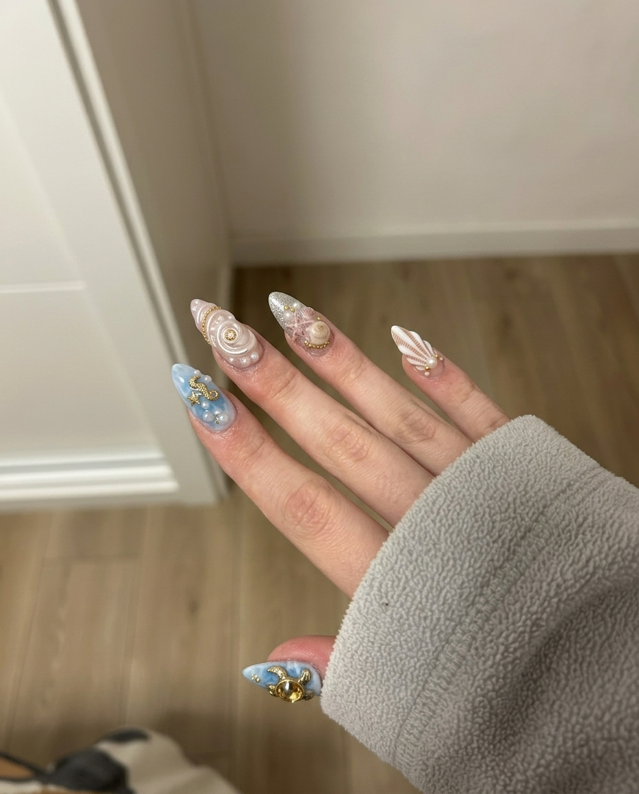 A set of stiletto press-on nails featuring ocean-themed designs with shells, pearls, starfish, and a sea turtle.