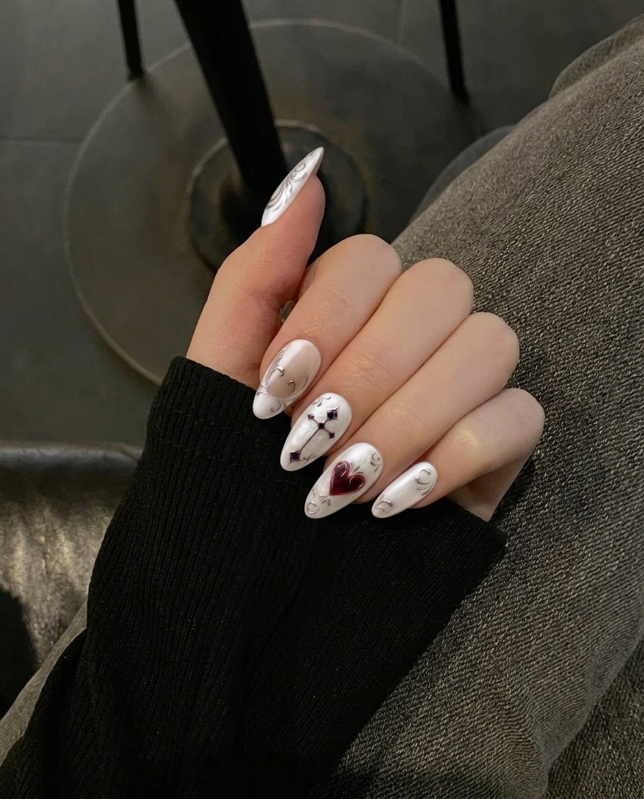 Pearl white press-on nails featuring metallic silver scrollwork, French tips, a dark red heart, and a gothic cross.