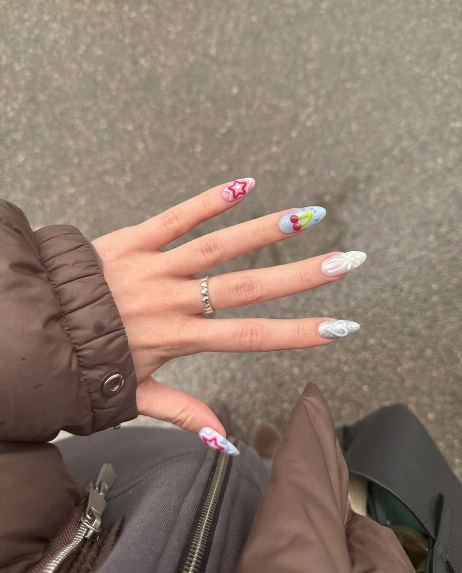 A set of pastel pink and blue press-on nails featuring 3D cherries, strawberries, bows, stars, and silver glitter hearts.