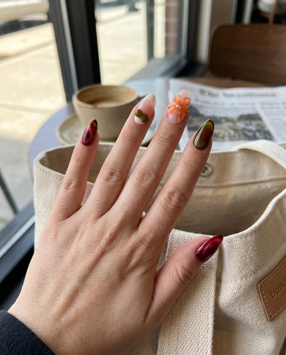 A set of press-on nails featuring burgundy cat-eye, tortoiseshell patterns, and 3D floral accents.