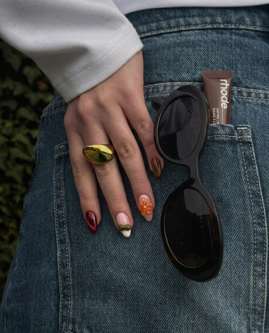 A set of press-on nails featuring burgundy cat-eye, tortoiseshell patterns, and 3D floral accents.