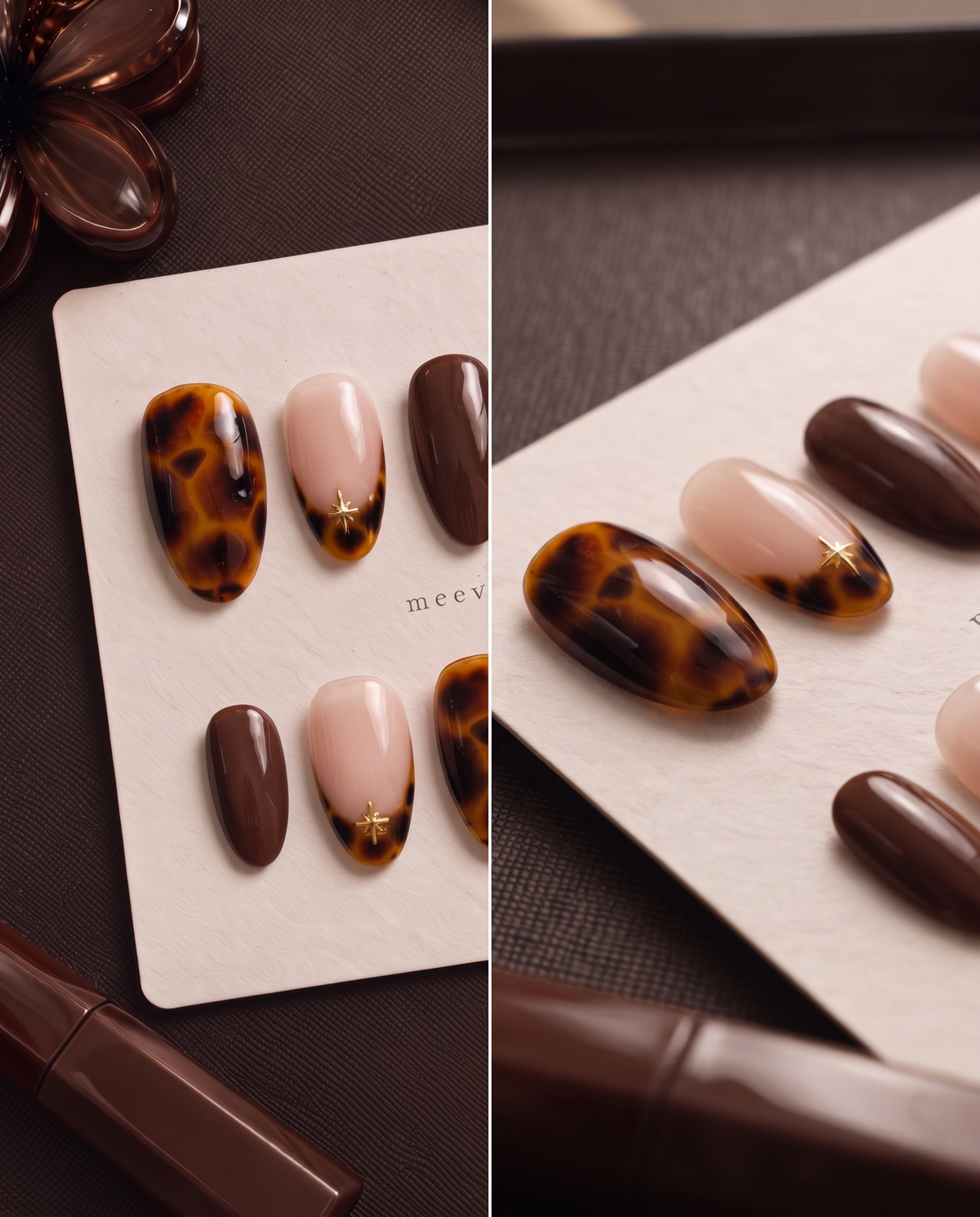 Amber tortoiseshell, chocolate brown, and nude pink star press-on nails