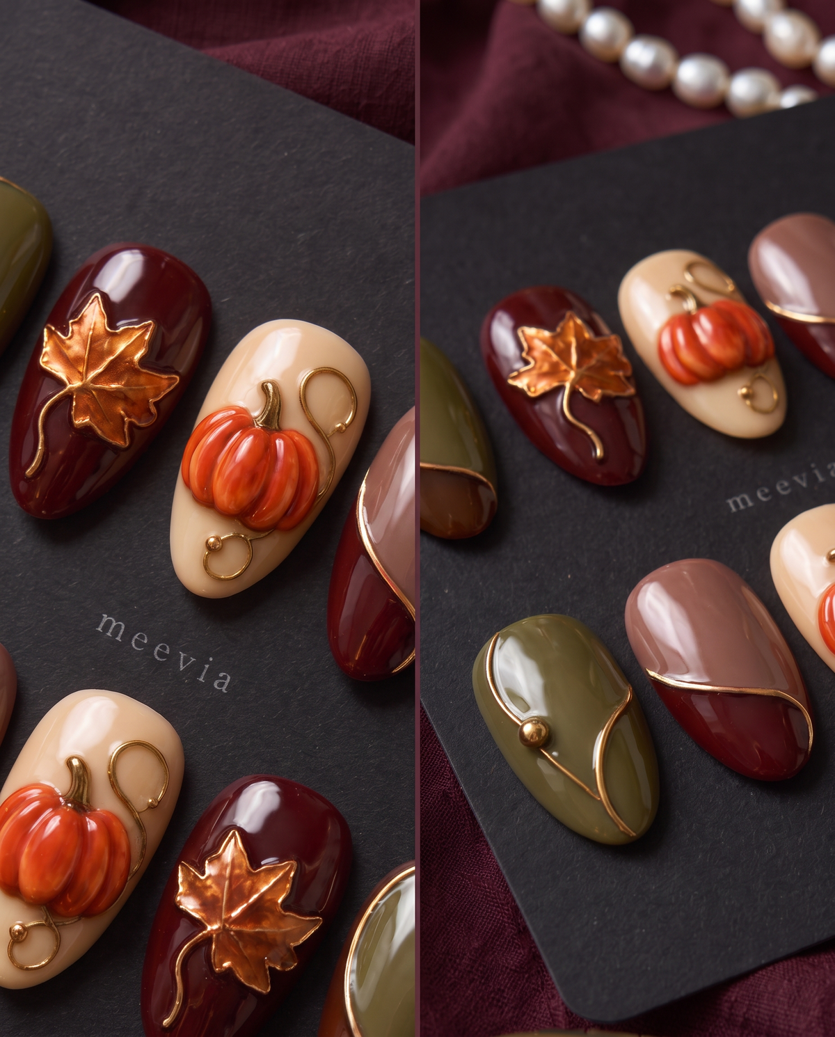 Autumn pumpkin and maple leaf press-on nails in glossy olive, burgundy, brown, mauve, and cream tones with gold accents