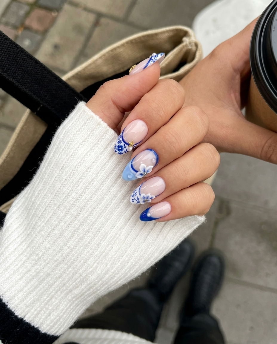 A set of ten press-on nails with blue and white floral patterns, gold starfish charms, pearls, and blue gems against a white background.