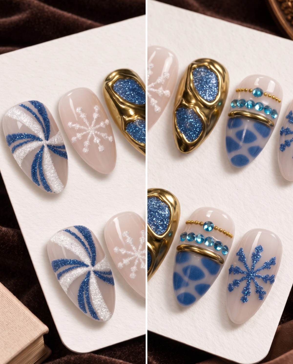 Blue and gold chrome snowflake press-on nails with glitter and rhinestone details