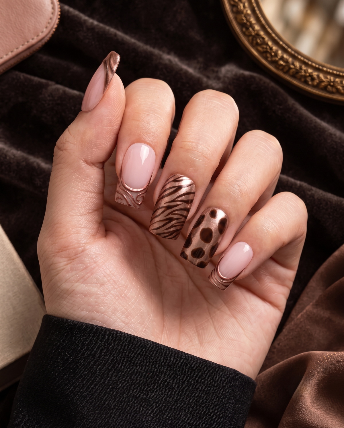 Bronze metallic French tip press-on nails with pink polish, zebra stripes, and brown animal print accents