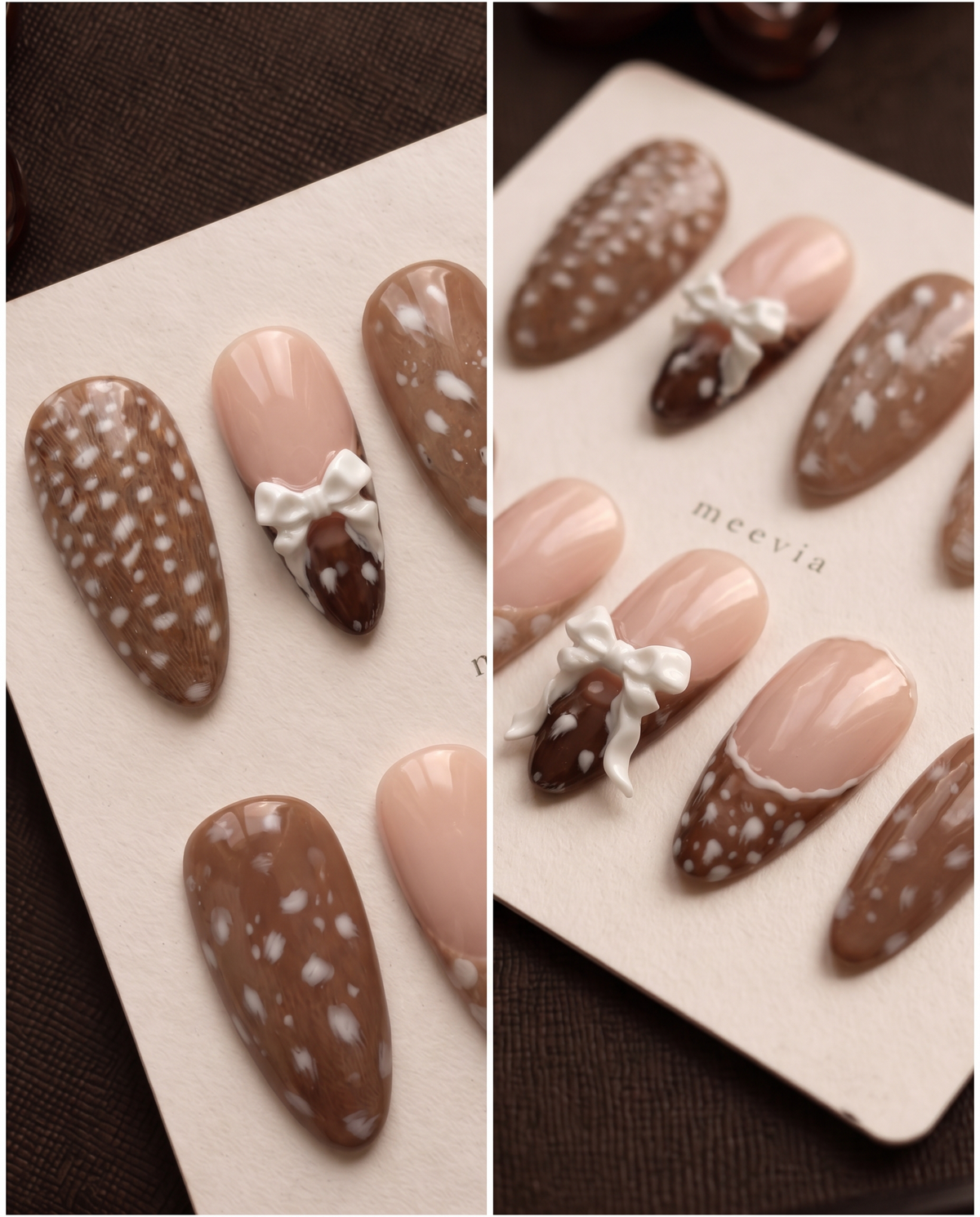 Brown and nude speckled press-on nails with raised white bow embellishments