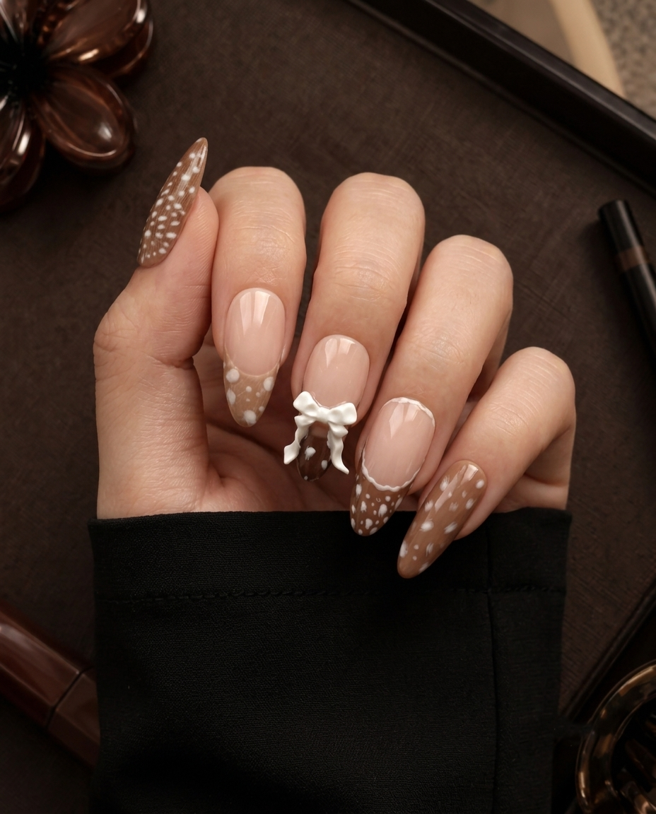 Brown and nude speckled press-on nails with raised white bow embellishments