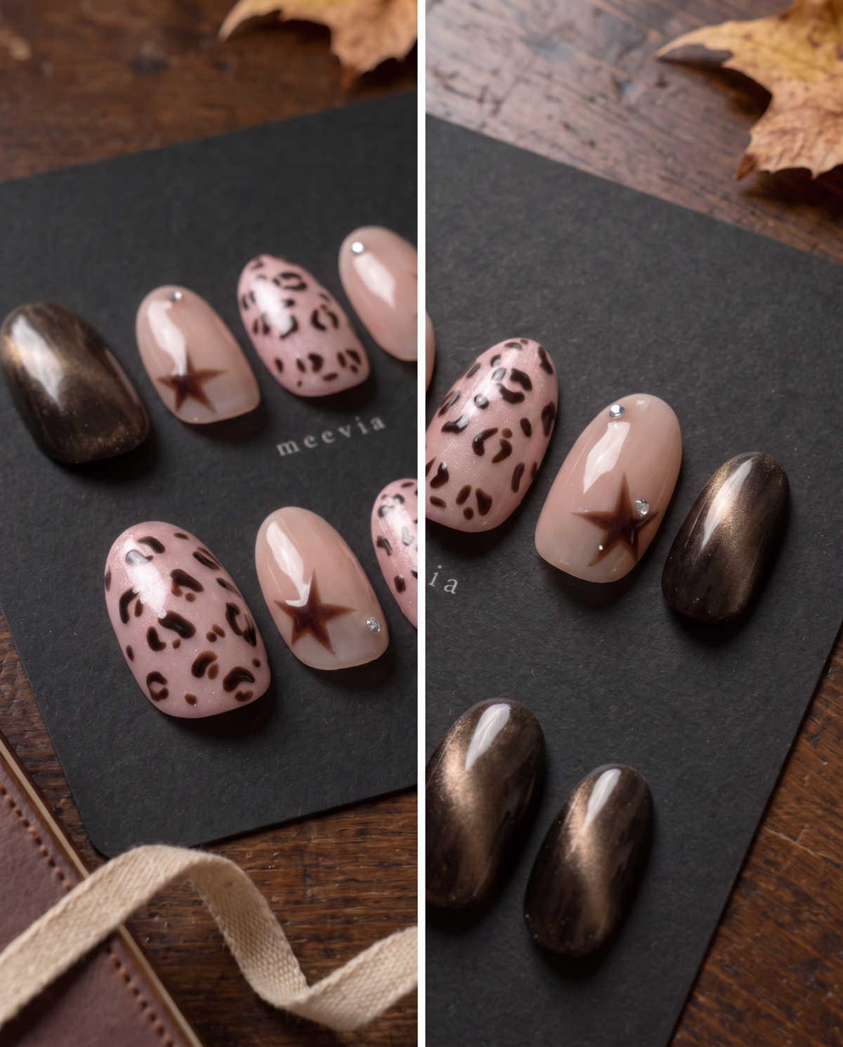 Brown cat-eye and pink leopard star press-on nails with silver rhinestones