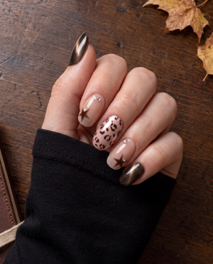 Brown cat-eye and pink leopard star press-on nails with silver rhinestones