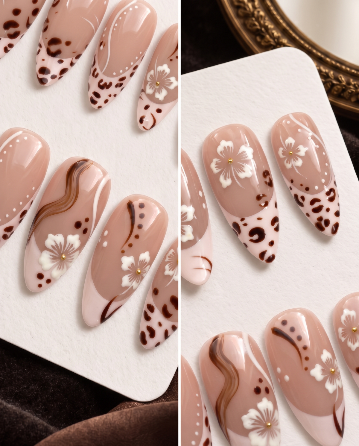 Brown floral leopard French tip press-on nails with glossy blush nude bases and white flowers