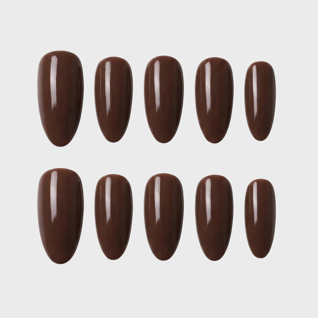 A set of ten espresso brown press-on nails with a glossy finish arranged on a white background.