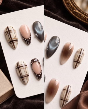 Brown plaid, nude, charcoal, and polka dot press-on nails displayed on a Meevia card