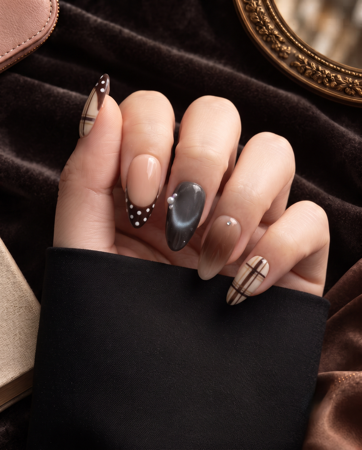 Brown plaid, nude, charcoal, and polka dot press-on nails displayed on a Meevia card