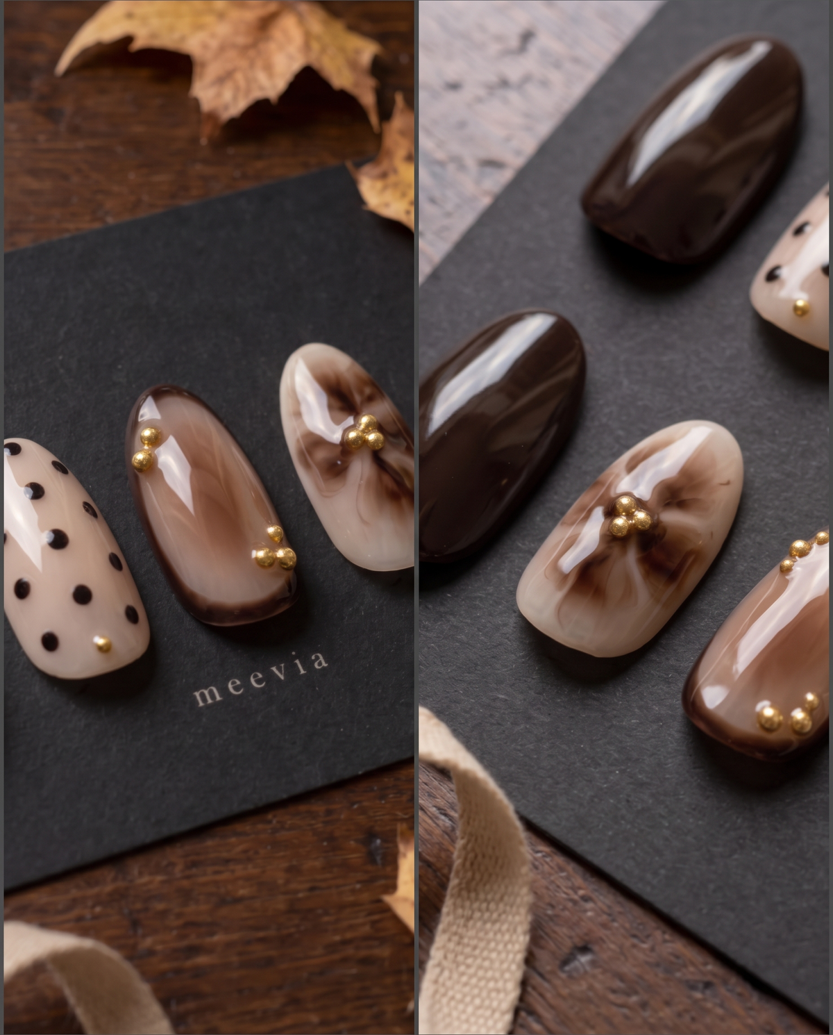 Brown and nude floral and polka dot press-on nails with gold bead accents