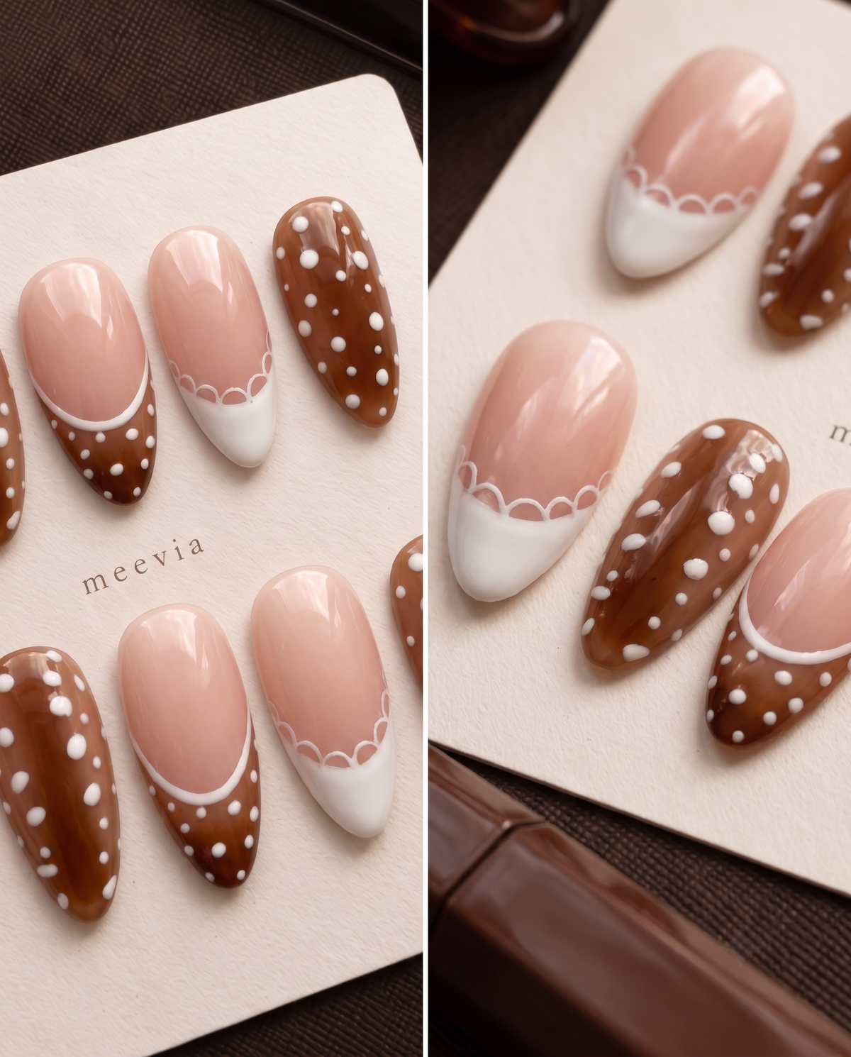 Brown and nude pink press-on nails with white polka dots, French tips, and scalloped accents