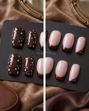 Brown and blush pink press-on nails with white polka dots and brown French tips