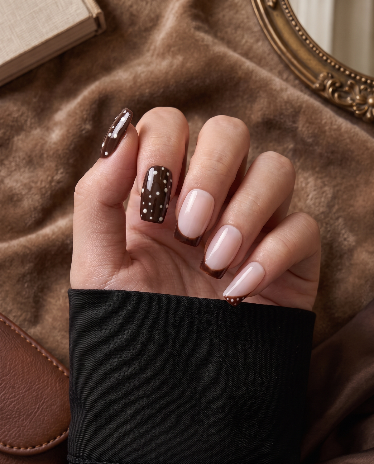 Brown and blush pink press-on nails with white polka dots and brown French tips