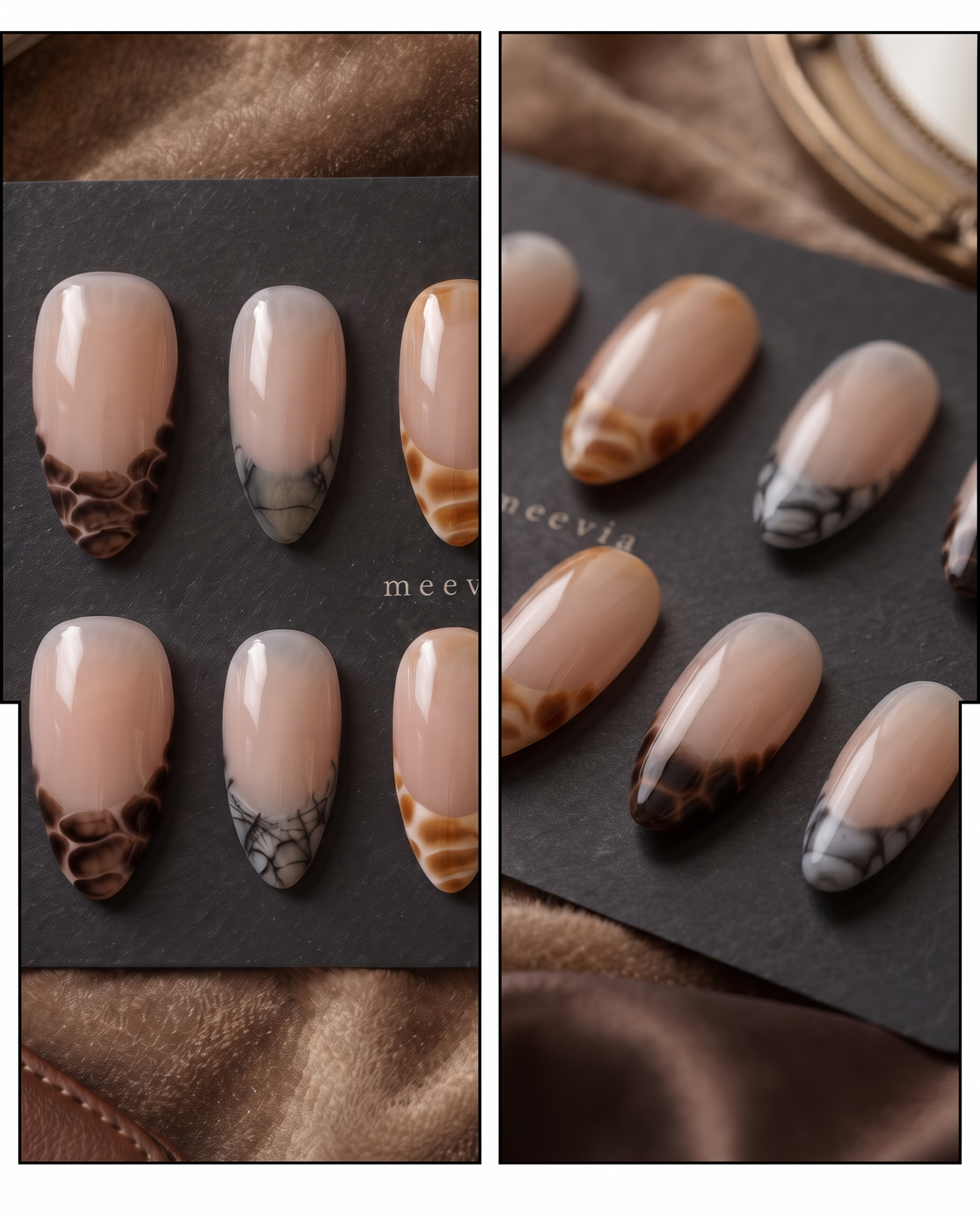 Sheer nude press-on nails with glossy brown, amber, and black snake-print French tips