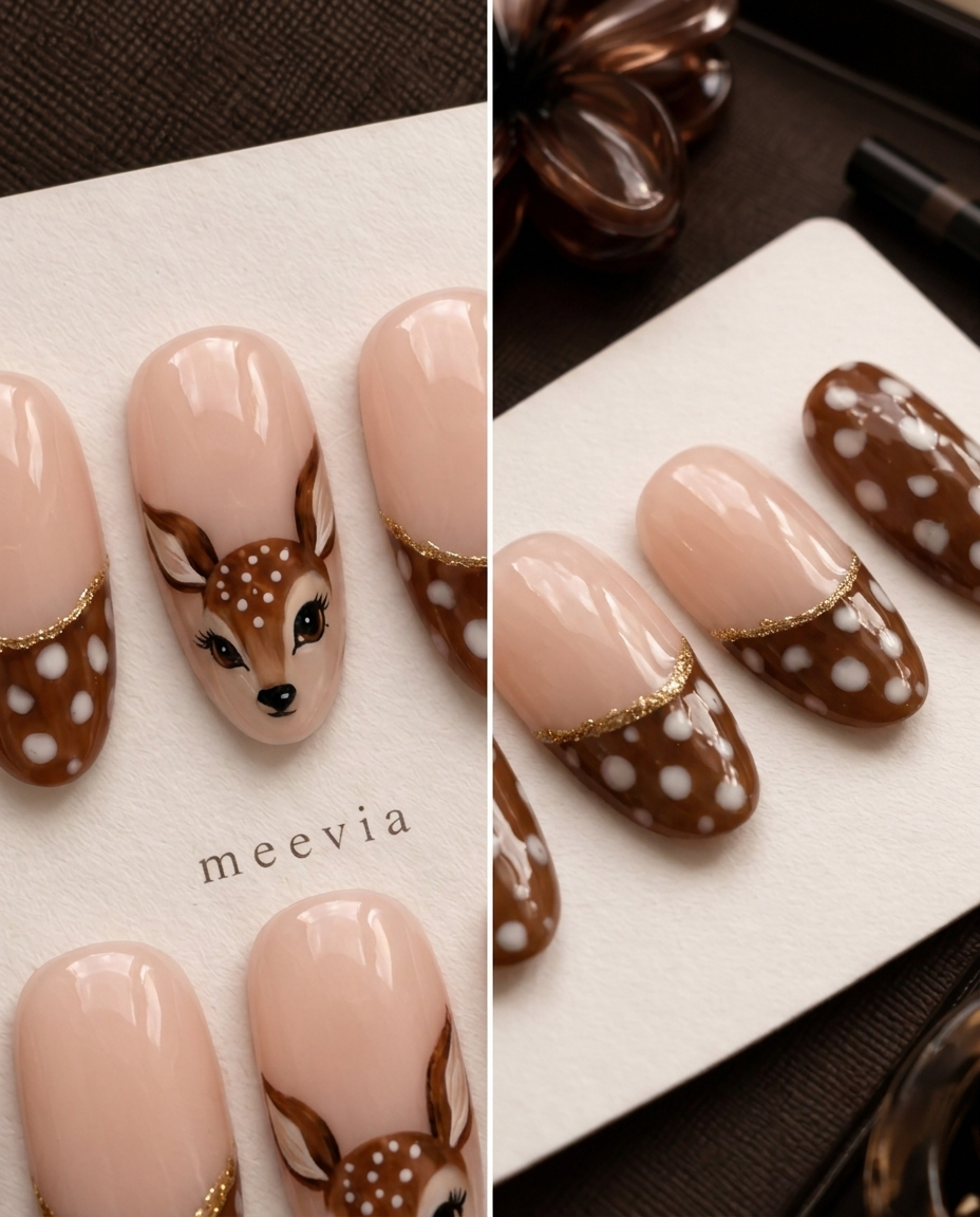 Brown glossy spotted deer press-on nails with nude sections and gold details