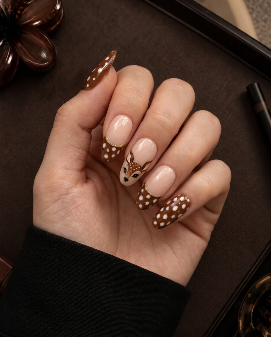 Brown glossy spotted deer press-on nails with nude sections and gold details